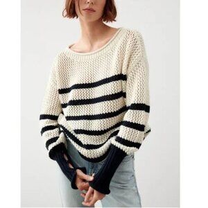 Zara Oversized Striped Open-Stitch Knit Sweater Navy/Cream Size S